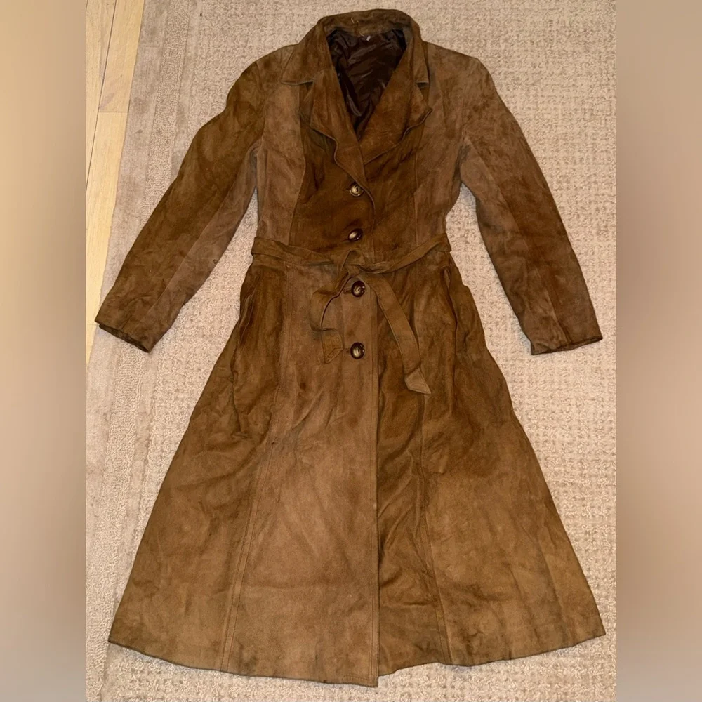 Vintage Brown Suede Leather Trench Coat Belted Long Jacket Size 48 small s - Picture 2 of 13